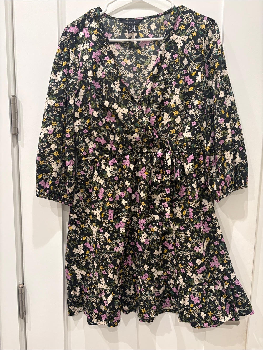 New Look Black Floral Wrap Mini Dress with Purple & Cream Blooms